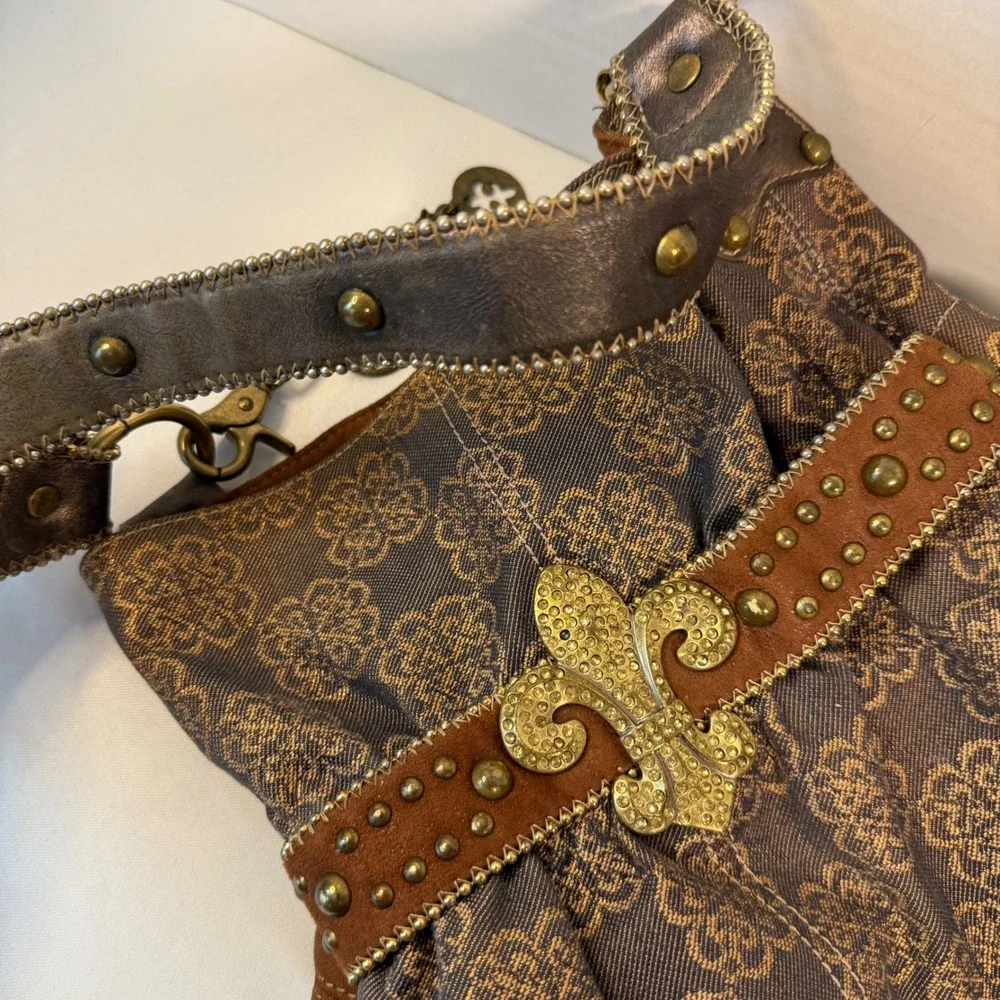 Kathy Van Zeeland Hobo Bag Large Brown Fleur De Lis Studded Y2K Boho Purse